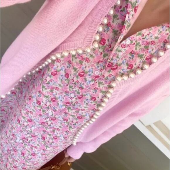 Self-Same Pink Pearl Charlotte Cotton Cardigan Loveshack Fancy - Picture 2 of 16